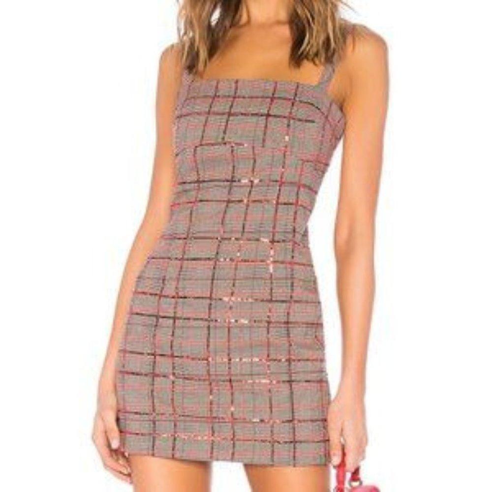 NBD Monroe Mini Dress Color: Tan & Red with Sequin